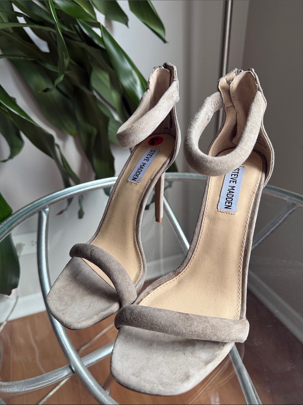Steve Madden Taupe Suede Ankle-Strap Stiletto Sandals